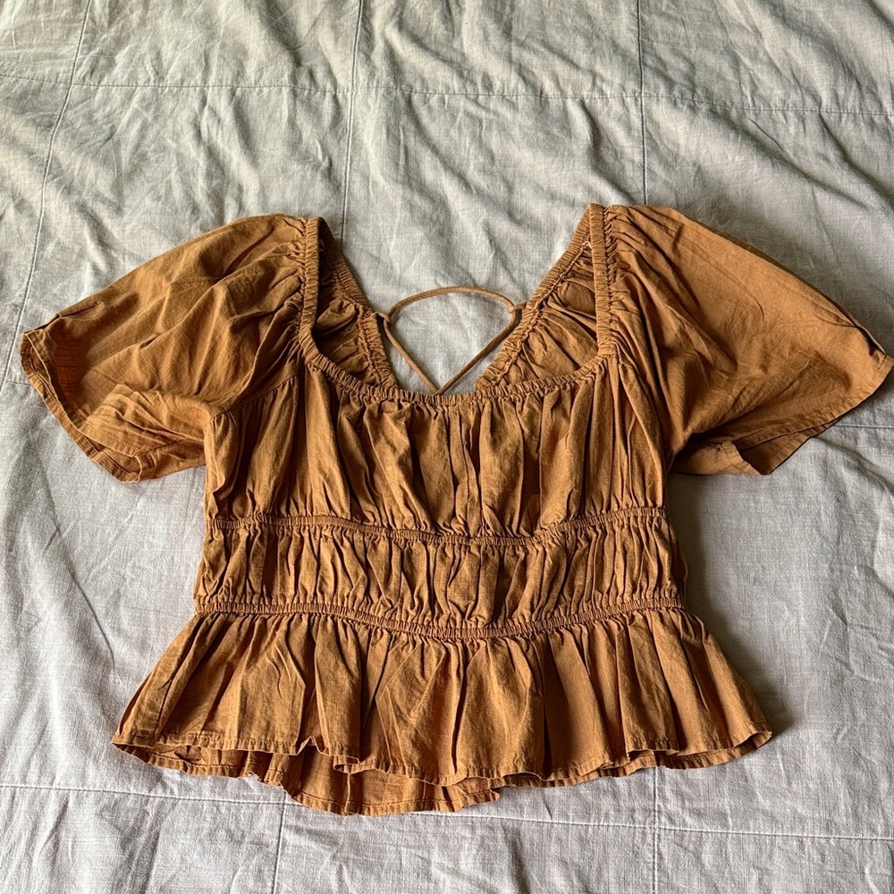 Free People Tan Ruched Blouse